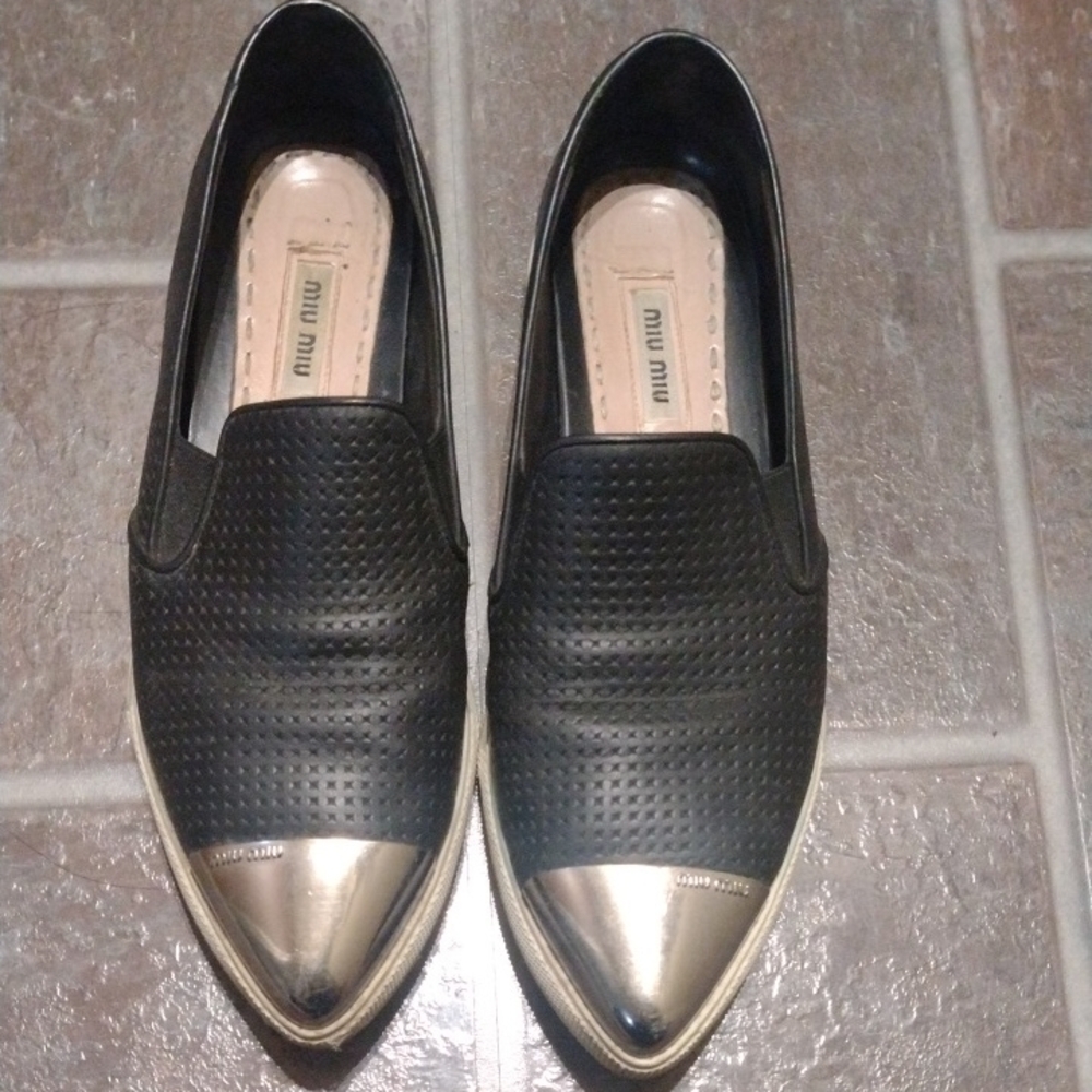 Miu Miu Black Silver Metal Cap Toe Loafer Size 35